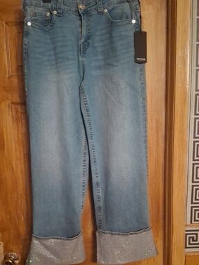 True Religion Blue Wide-Leg Jeans with Sparkle Cuffs 30 X 31